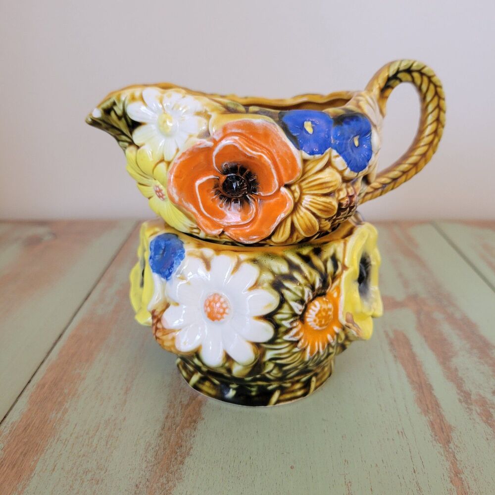 Beautiful Inarco 1960's Floral Cream & Sugar Set • Raised Poppies & Daisies
